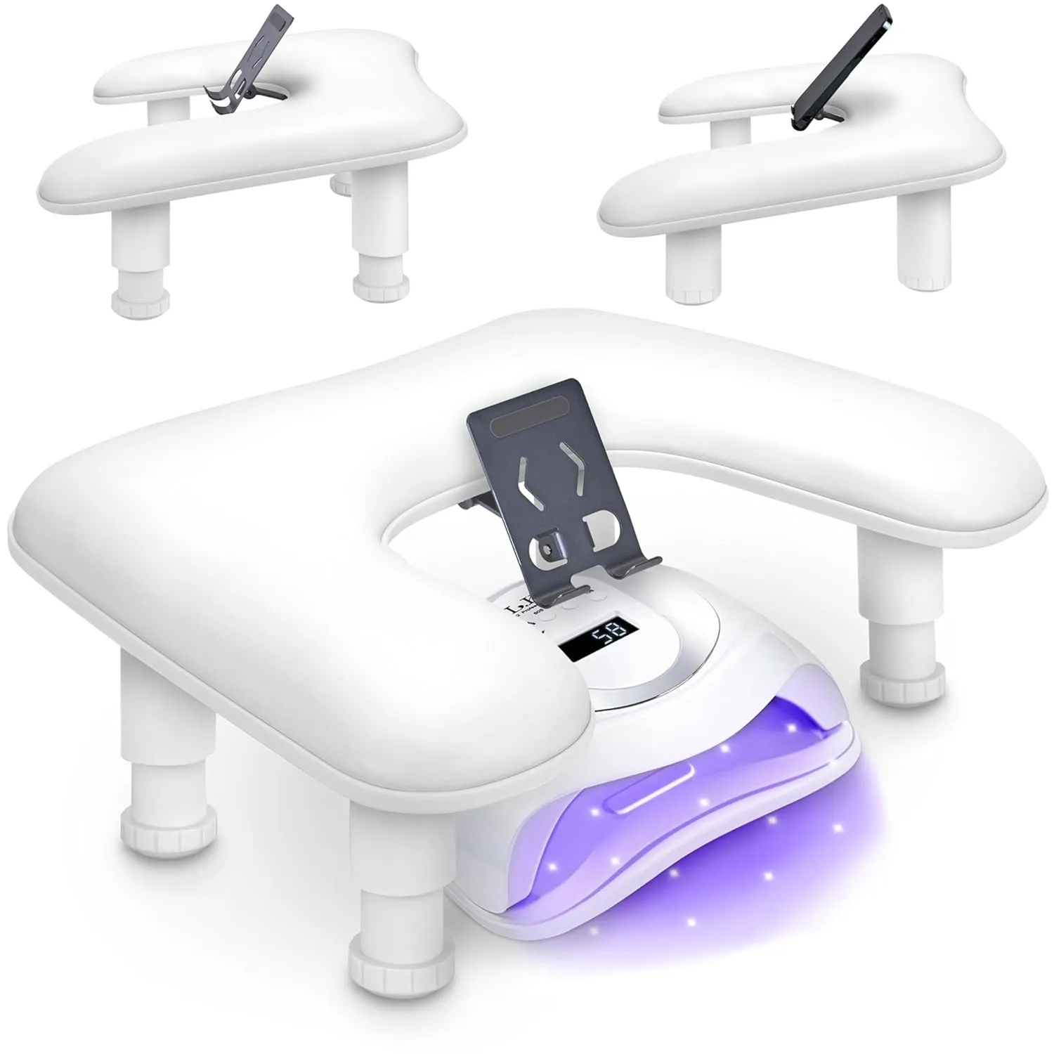 U Shaped Manicure Arm Rest for Nails Tech w/ 360° Rotating Phone Holder - Adjustable Nail Arm Rest w/Built-In Phone Holder - Detachable Manicure Hand Pillow for Salon or Home Use (White)