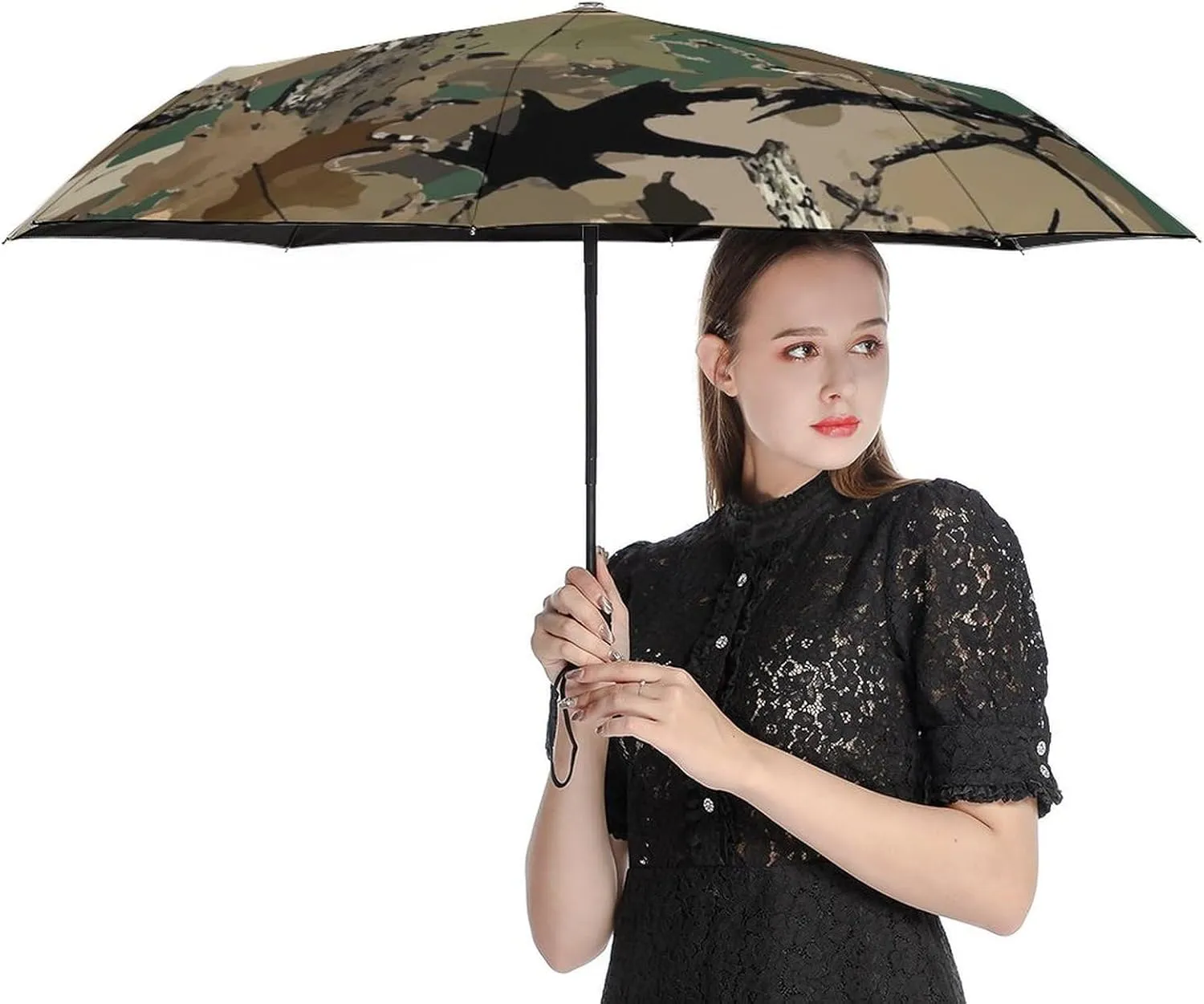 Umbrella Compact Folding Wooded Hunting Travel Umbrella Auto Open And Close for Windproof, Rainproof