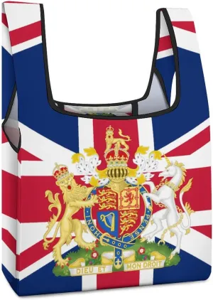 United Kingdom Coat of Arms UK Flag Novelty Reusable Grocery Bag Fold-able Shopping Bags Washable Tote Lightweight Storage Pouch with Handle