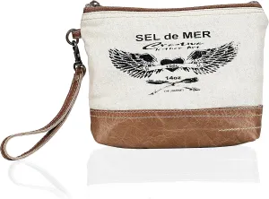 Upcycled Canvas & Leather Wristlet Wallet Handbag for Women Off-white