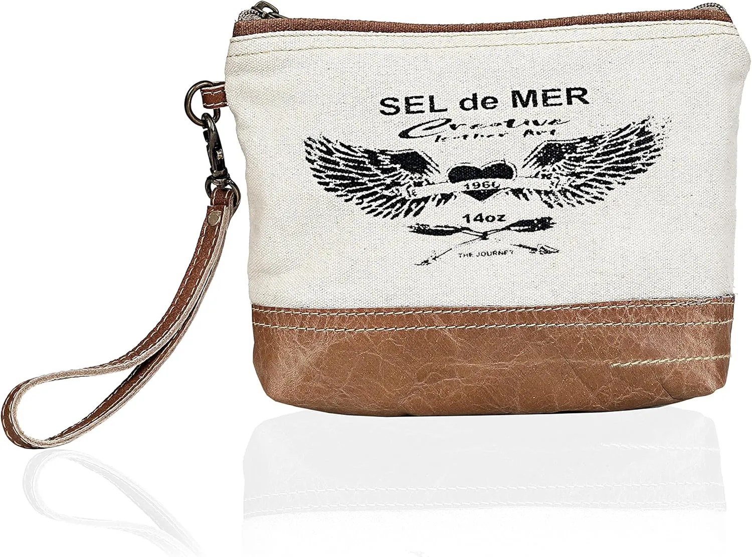 Upcycled Canvas & Leather Wristlet Wallet Handbag for Women Off-white