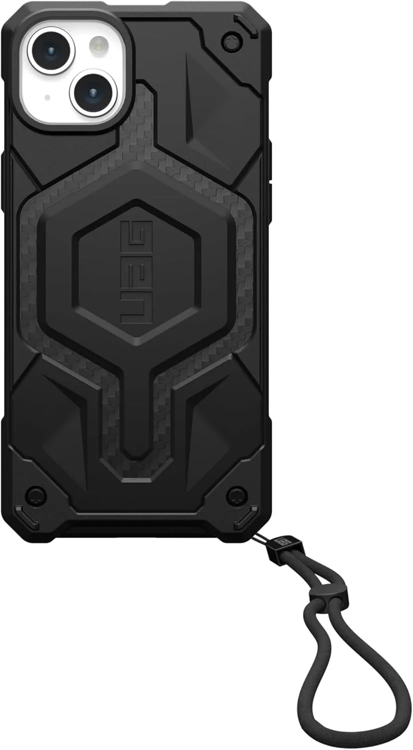 URBAN ARMOR GEAR UAG Designed for iPhone 15 Plus Case Monarch Pro Carbon Fiber 6.7" Compatible with MagSafe Bundle with UAG Paracord Lanyard Adjustable Wrist Strap Black