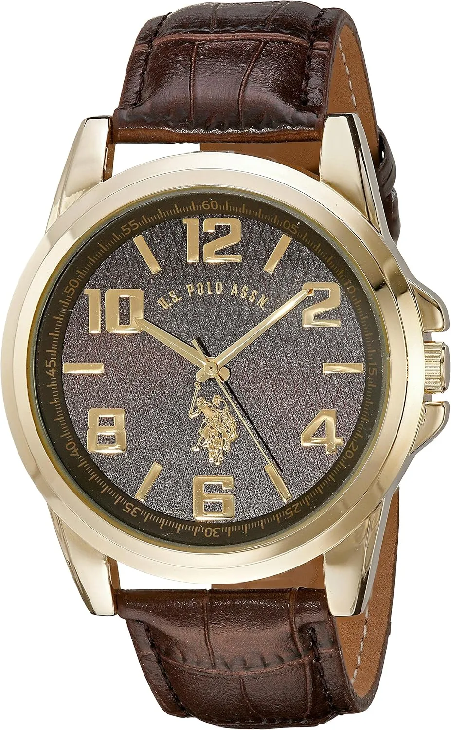 U.S. Polo Assn. Men’s Gold-Tone Analog Watch with Textured Brown Dial, Faux-Leather Strap, Quartz Movement, Arabic Index, Gift Box Included, Fits Wrists 5.5" to 8"