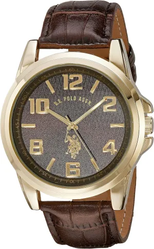 U.S. Polo Assn. Men’s Gold-Tone Analog Watch with Textured Brown Dial, Faux-Leather Strap, Quartz Movement, Arabic Index, Gift Box Included, Fits Wrists 5.5" to 8"