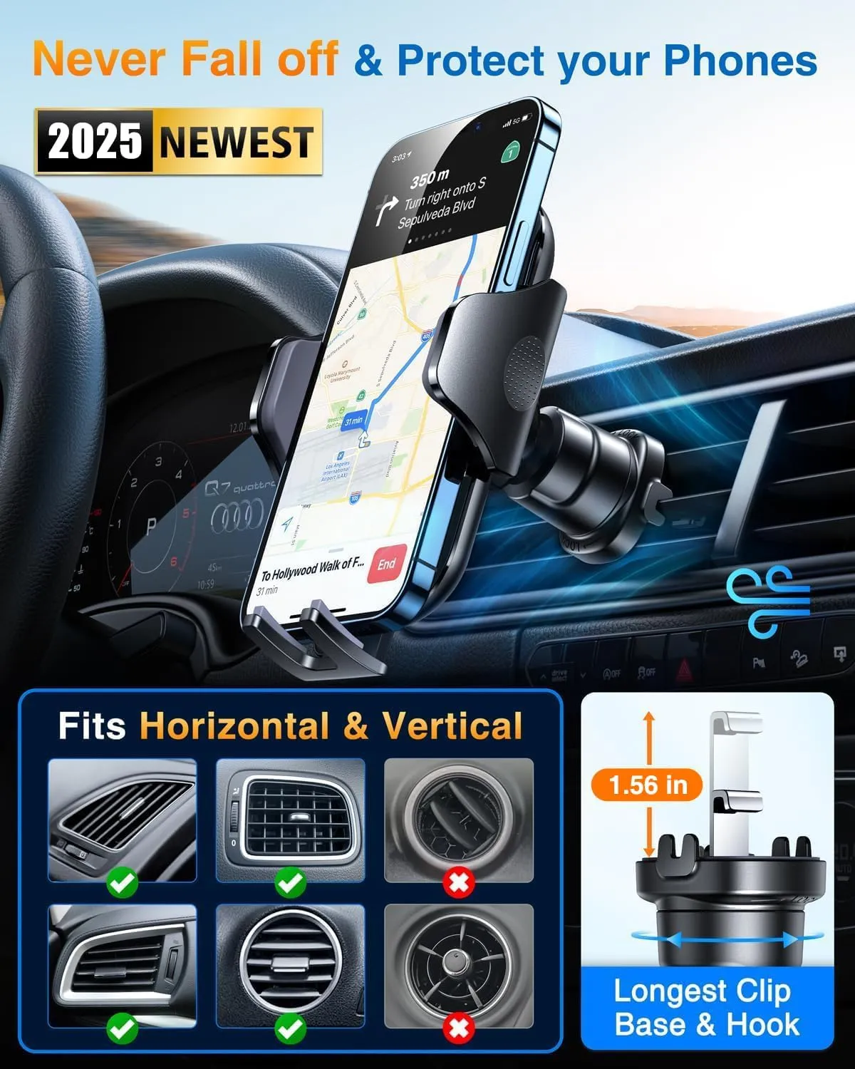 VANMASS Car Phone Holder Mount 2025 Upgraded [Patent Steel-Hook] Car Vent Phone Mount Clip Military-Grade Shockproof Cell Phone Car Mount Handsfree Truck Stand Vent Cradle for iPhone 16 Android,Black