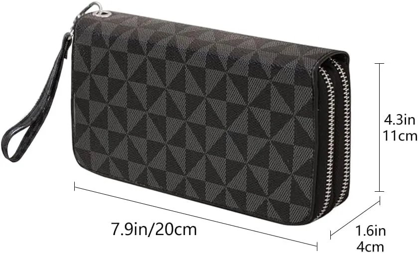 Veki Women's Wallet Double Zipper Pocket Wallets with Wrist Strap, Leather Credit Card Purse for Women Men (Black A)