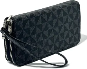 Veki Women's Wallet Double Zipper Pocket Wallets with Wrist Strap, Leather Credit Card Purse for Women Men (Black A)