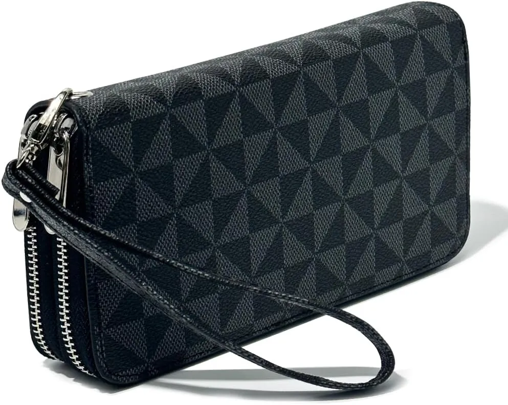 Veki Women's Wallet Double Zipper Pocket Wallets with Wrist Strap, Leather Credit Card Purse for Women Men (Black A)