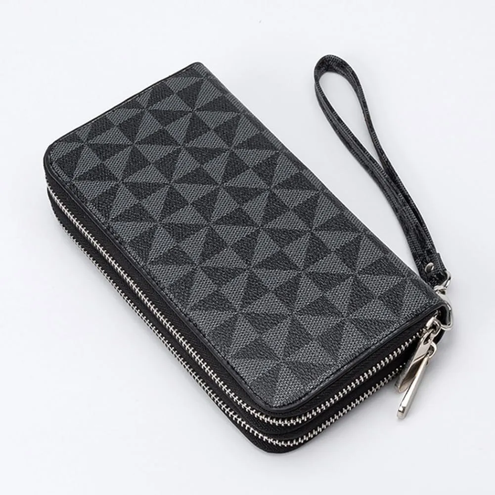 Veki Women's Wallet Double Zipper Pocket Wallets with Wrist Strap, Leather Credit Card Purse for Women Men (Black A)