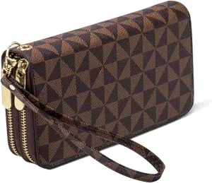 Veki Women's Wallet Double Zipper Pocket Wallets with Wrist Strap, Leather Credit Card Purse for Women Men (Brown)
