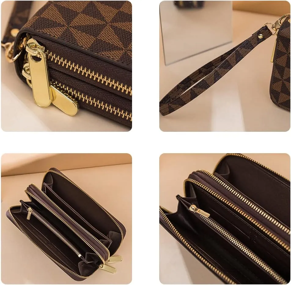 Veki Women's Wallet Double Zipper Pocket Wallets with Wrist Strap, Leather Credit Card Purse for Women Men (Brown)