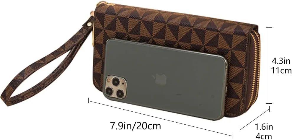 Veki Women's Wallet Double Zipper Pocket Wallets with Wrist Strap, Leather Credit Card Purse for Women Men (Brown)