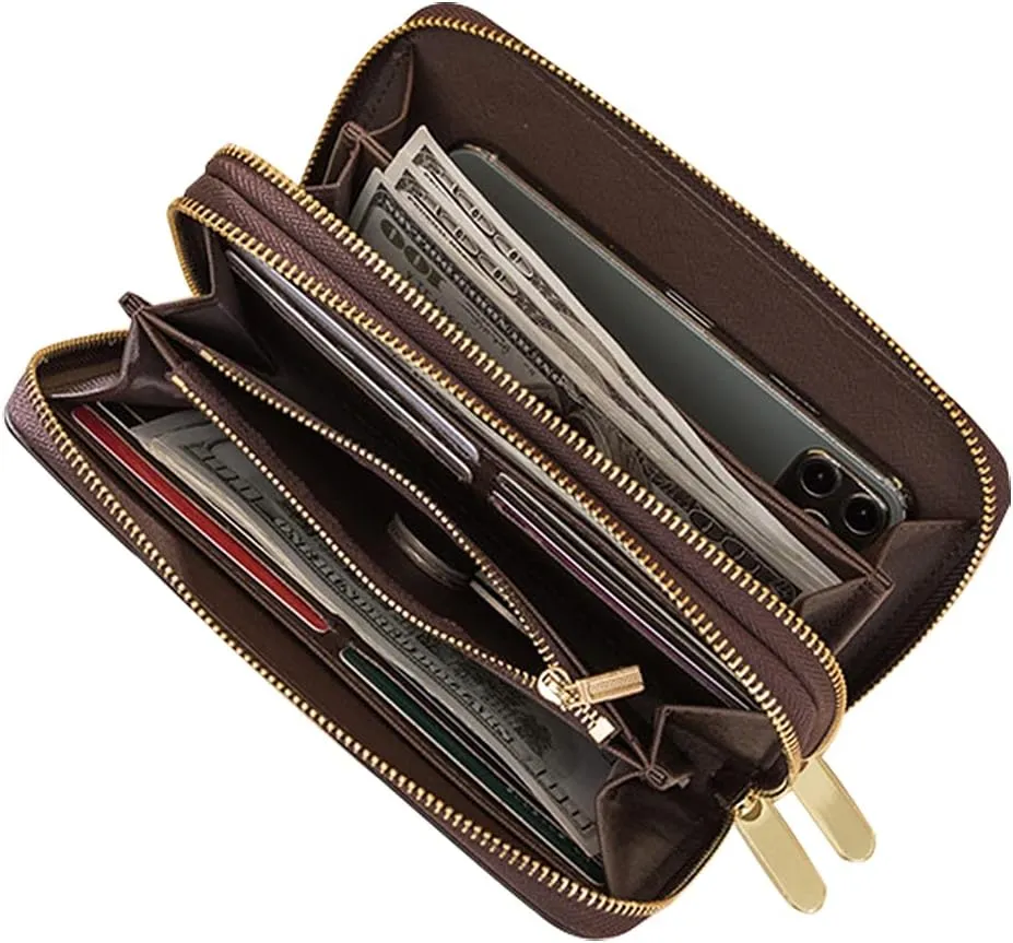 Veki Women's Wallet Double Zipper Pocket Wallets with Wrist Strap, Leather Credit Card Purse for Women Men (Brown)