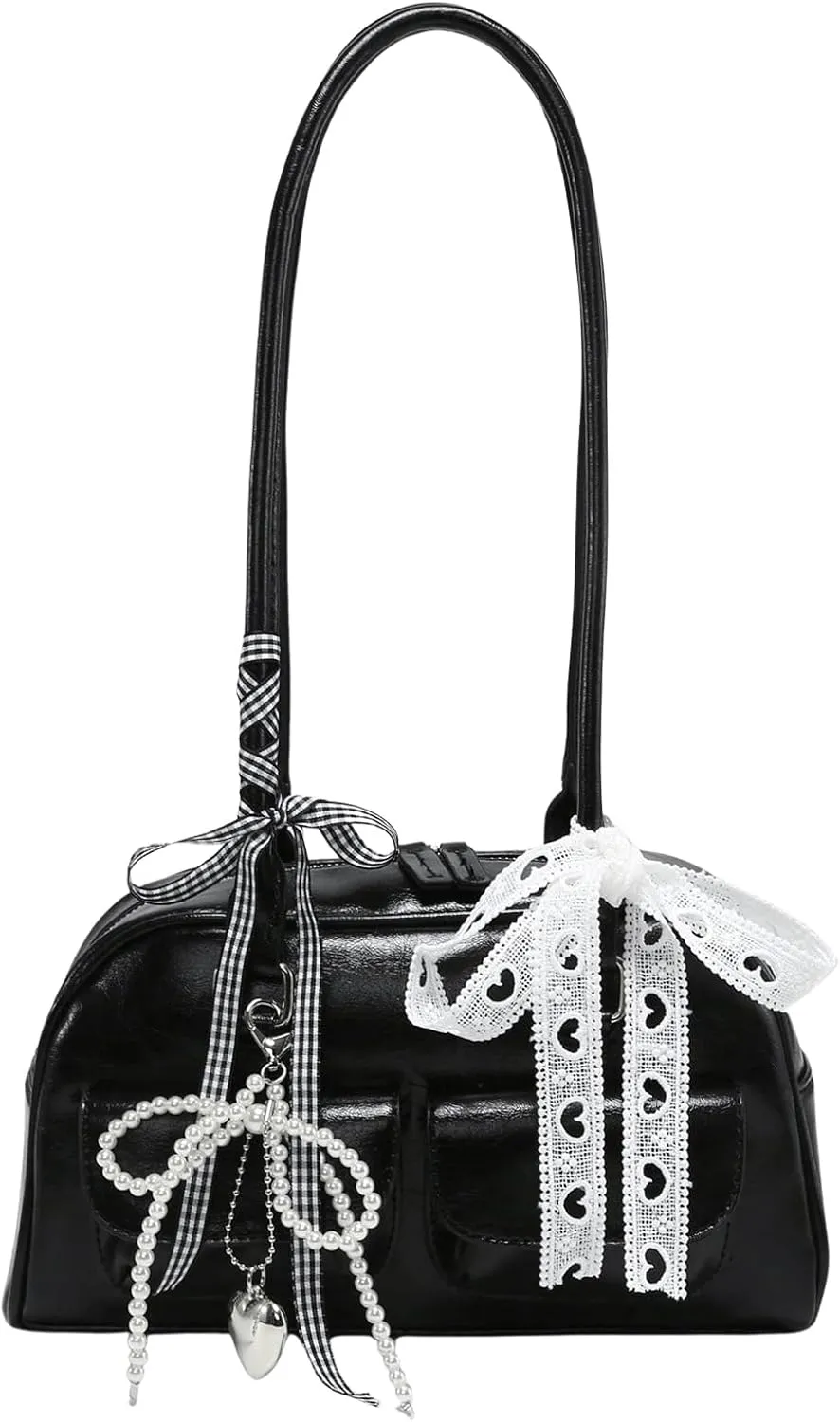Verdusa Women's Y2K PU Leather Bow Tie and Pearl Lace Solid Shoulder Handbag
