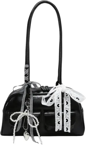 Verdusa Women's Y2K PU Leather Bow Tie and Pearl Lace Solid Shoulder Handbag