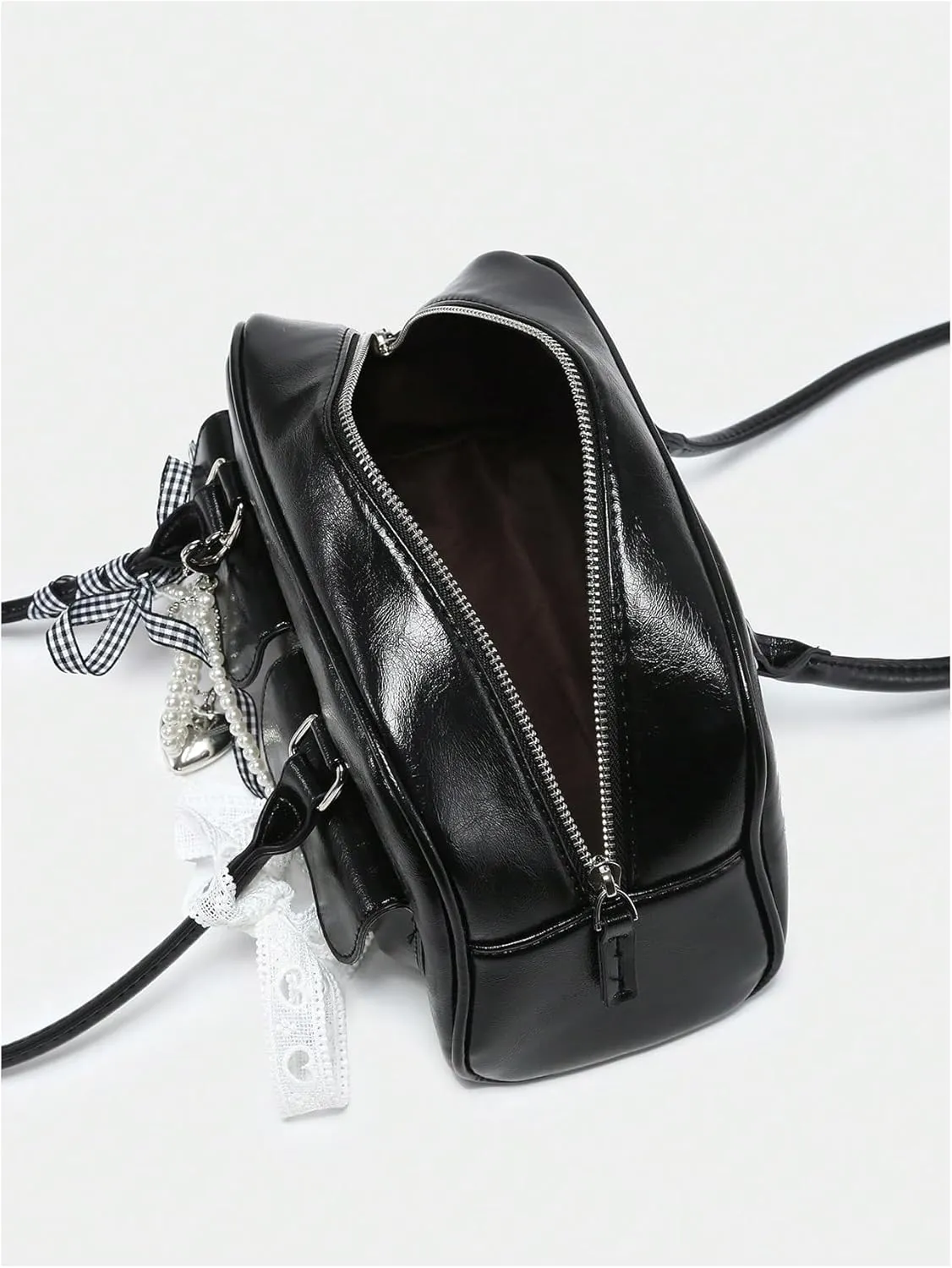 Verdusa Women's Y2K PU Leather Bow Tie and Pearl Lace Solid Shoulder Handbag
