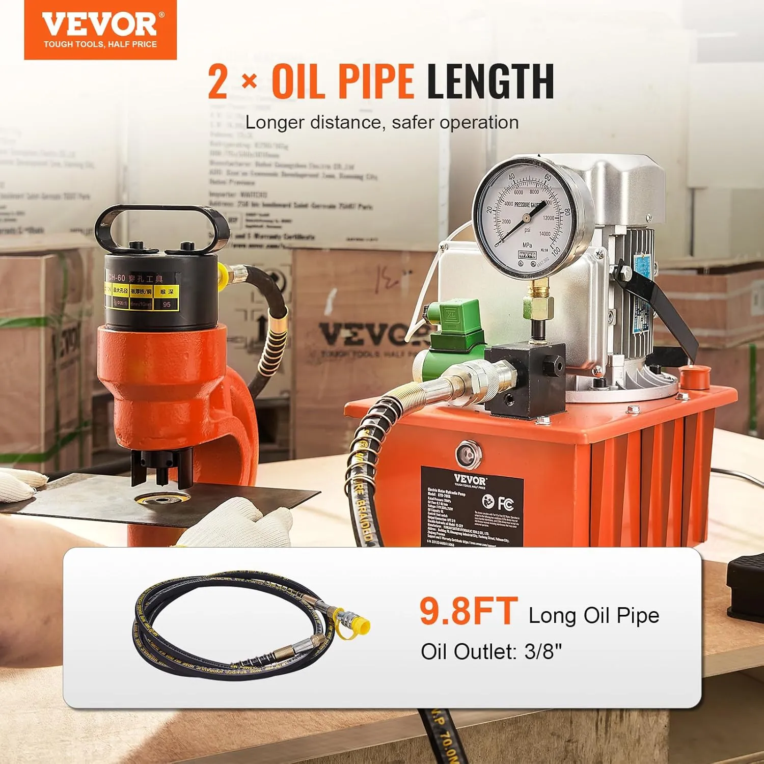 VEVOR 10000 PSI 750W 110V, 488 in³/8L Capacity, Single Acting Solenoid Valve, Electric Driven Hydraulic Pump Power Pack Unit with Pedal Switch for Punching/Bending/Jack Machine, Orange