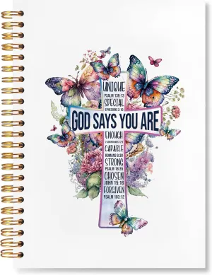 VIIJJUE God Says You are Christian Notebooks for Women, Bible Journal for Women, Church Notes Notebook, Bible Journaling Notebook, Religious Butterfly Hardcover Spiral Notebook 5.5x8.3 Inch