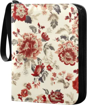 Vintage Floral Red Card Binder 4 Pocket Trading Card Album Fits 400 Sports/Game Cards, PU Cover 3 Ring Card Collection with 50 Removable Sleeves