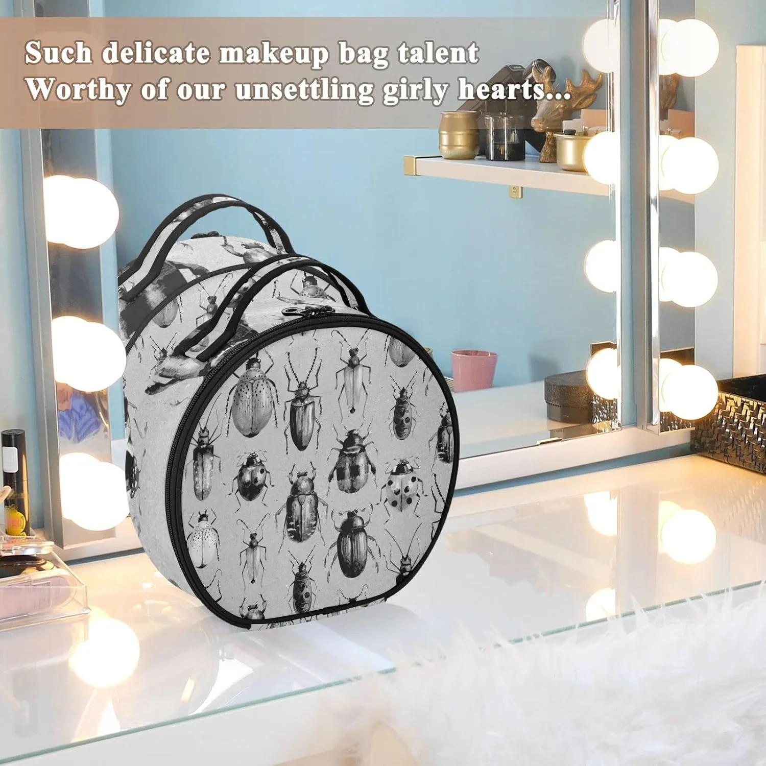 Vintage Retro Style Grey Black Beetles on Grey Women's Portable Round Makeup Bag with Handle, Cosmetic Bag, Adjustable Dividers, Travel Cosmetic Storage 11 x 3.5 x 10 inch