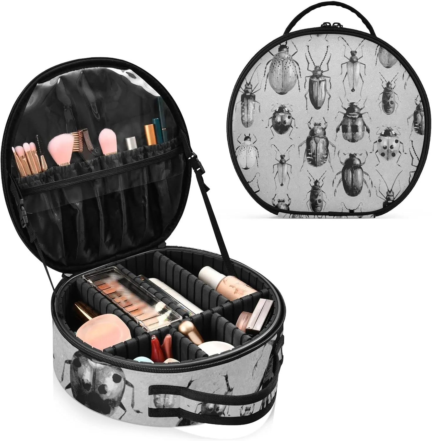 Vintage Retro Style Grey Black Beetles on Grey Women's Portable Round Makeup Bag with Handle, Cosmetic Bag, Adjustable Dividers, Travel Cosmetic Storage 11 x 3.5 x 10 inch