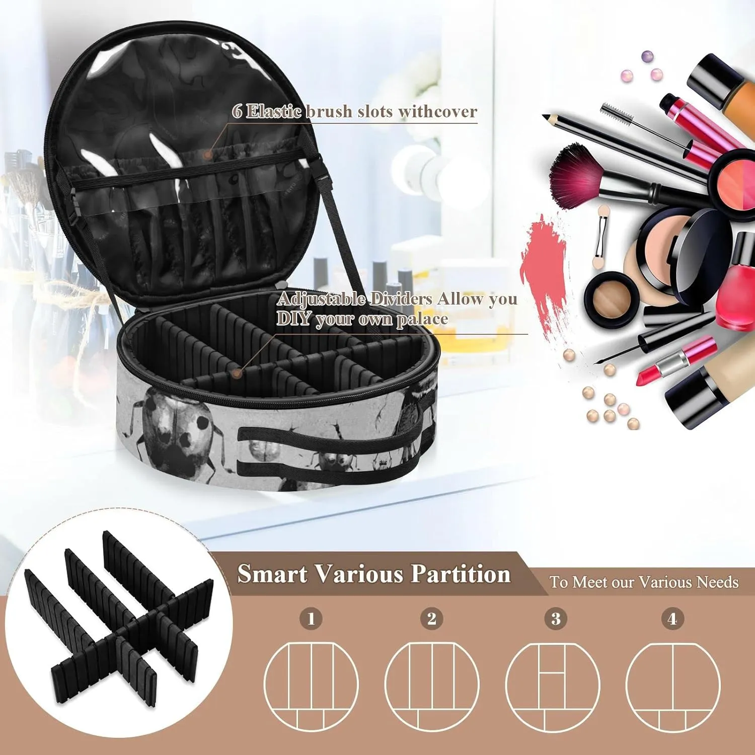 Vintage Retro Style Grey Black Beetles on Grey Women's Portable Round Makeup Bag with Handle, Cosmetic Bag, Adjustable Dividers, Travel Cosmetic Storage 11 x 3.5 x 10 inch