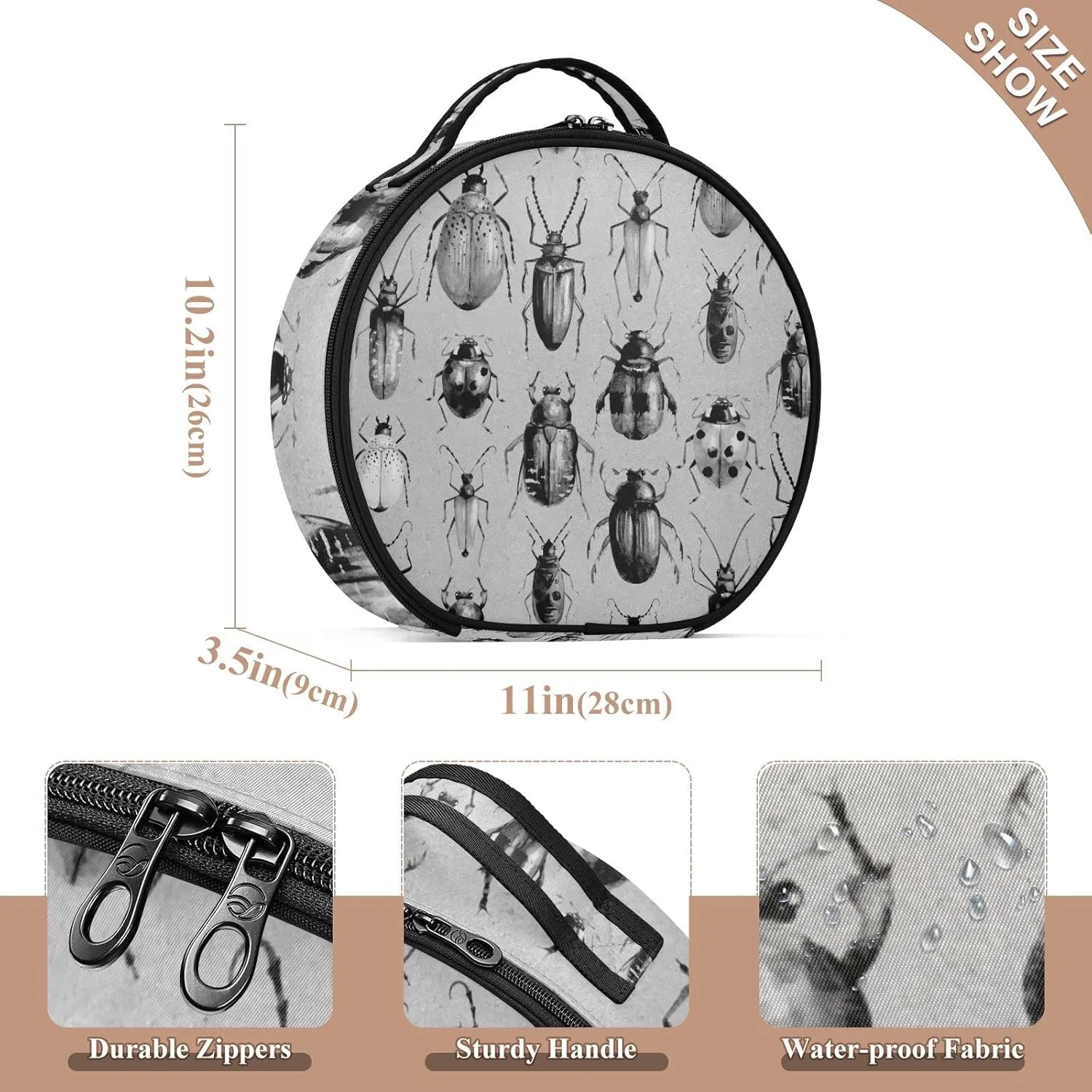 Vintage Retro Style Grey Black Beetles on Grey Women's Portable Round Makeup Bag with Handle, Cosmetic Bag, Adjustable Dividers, Travel Cosmetic Storage 11 x 3.5 x 10 inch