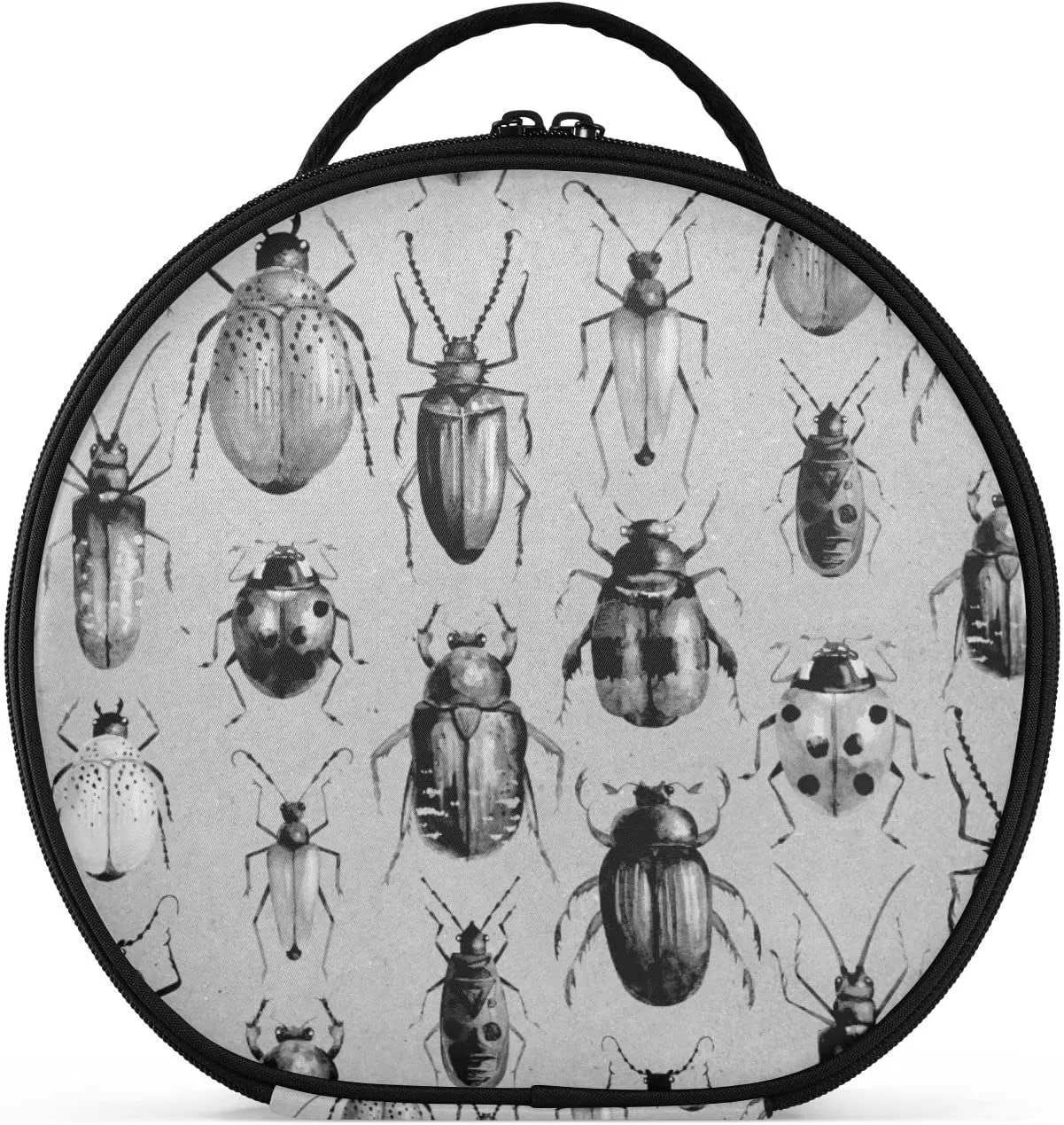Vintage Retro Style Grey Black Beetles on Grey Women's Portable Round Makeup Bag with Handle, Cosmetic Bag, Adjustable Dividers, Travel Cosmetic Storage 11 x 3.5 x 10 inch