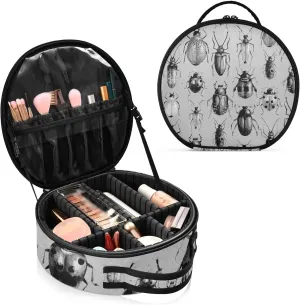 Vintage Retro Style Grey Black Beetles on Grey Women's Portable Round Makeup Bag with Handle, Cosmetic Bag, Adjustable Dividers, Travel Cosmetic Storage 11 x 3.5 x 10 inch