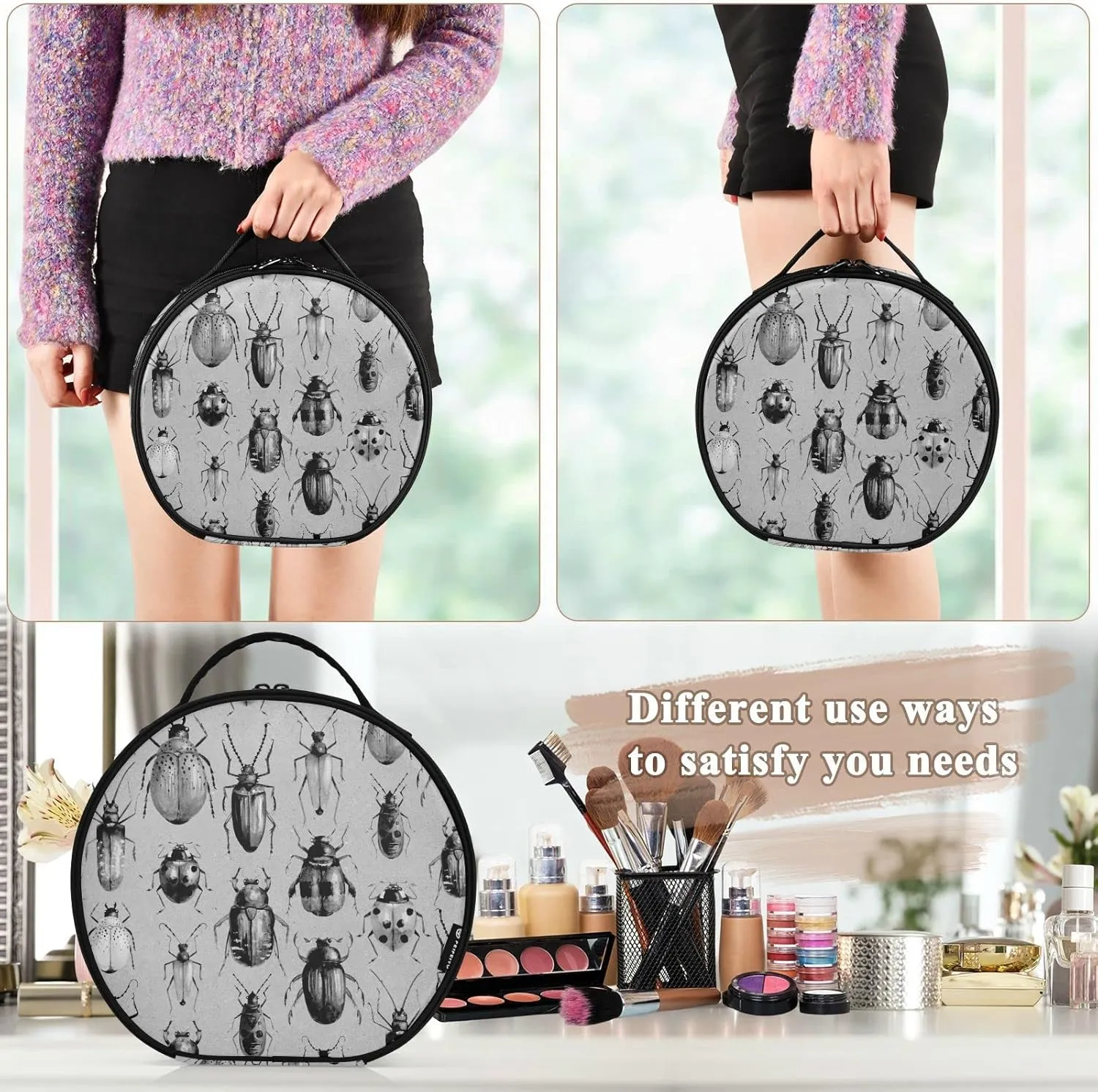Vintage Retro Style Grey Black Beetles on Grey Women's Portable Round Makeup Bag with Handle, Cosmetic Bag, Adjustable Dividers, Travel Cosmetic Storage 11 x 3.5 x 10 inch