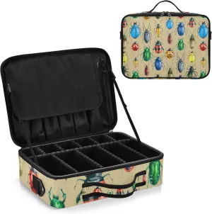 Vintage Retro Style Multicolor Beetles on Brown Women's Portable Makeup Bag with Handle, Cosmetic Bag, Adjustable Dividers, Travel Cosmetic Toiletry Storage Organizer for women
