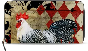 Vintage Rooster Domestic Farm Bird Red Rhombus Leather Long Wallet Organizer with Zipper Purse Clutch Bag for Women Men Key Card Coin Passport Checkbook 8 x 4 inch