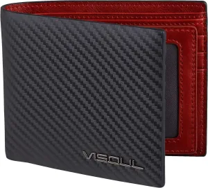 VISOUL Mens Carbon Fiber Leather Bifold Wallet with 2 ID Windows, RFID Blocking Secure Designer Wallets for Men with Two Cash Compartments (Carbon Fiber Black Burgundy)