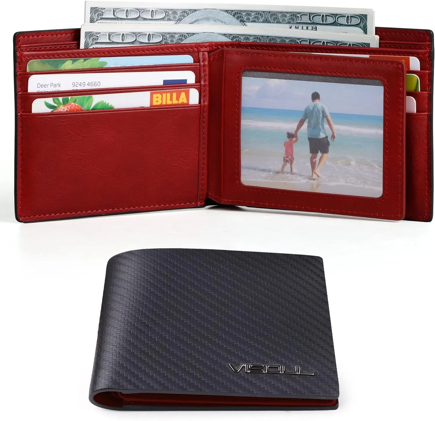 VISOUL Mens Carbon Fiber Leather Bifold Wallet with 2 ID Windows, RFID Blocking Secure Designer Wallets for Men with Two Cash Compartments (Carbon Fiber Black Burgundy)