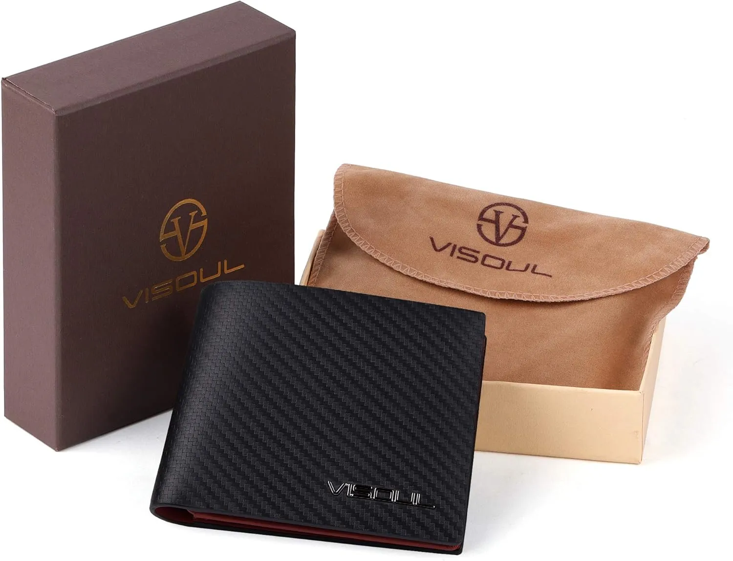VISOUL Mens Carbon Fiber Leather Bifold Wallet with 2 ID Windows, RFID Blocking Secure Designer Wallets for Men with Two Cash Compartments (Carbon Fiber Black Burgundy)