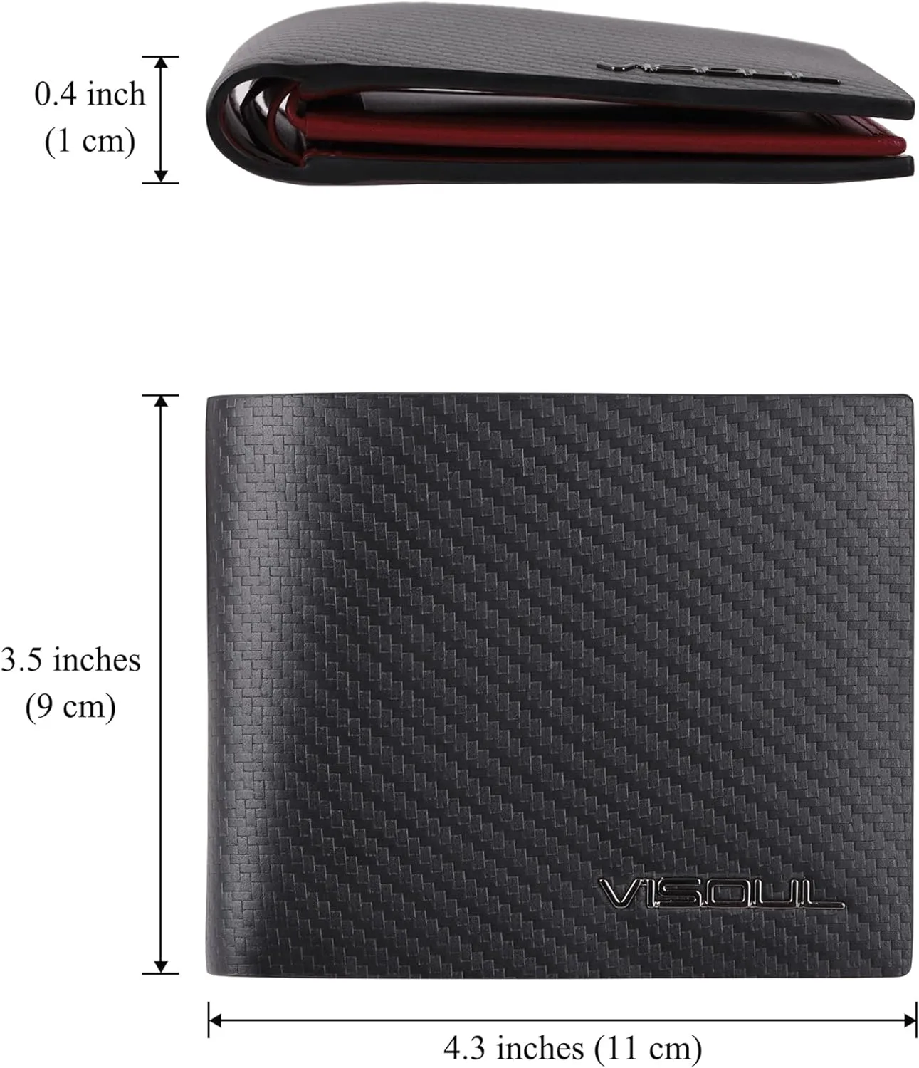 VISOUL Mens Carbon Fiber Leather Bifold Wallet with 2 ID Windows, RFID Blocking Secure Designer Wallets for Men with Two Cash Compartments (Carbon Fiber Black Burgundy)