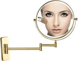 Wall Mounted Makeup Mirror with Magnification, Makeup Mirror for Bathroom, Two-Sided Extendable, 360 Degree Swivel, Extendable Arm, Round, No Light, Gold (Color : 6in, Size : 10x)