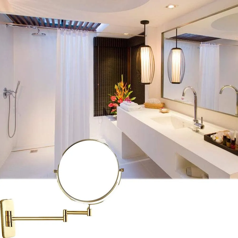 Wall Mounted Makeup Mirror with Magnification, Makeup Mirror for Bathroom, Two-Sided Extendable, 360 Degree Swivel, Extendable Arm, Round, No Light, Gold(8in,7X)