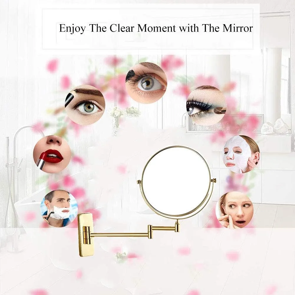 Wall Mounted Makeup Mirror with Magnification, Makeup Mirror for Bathroom, Two-Sided Extendable, 360 Degree Swivel, Extendable Arm, Round, No Light, Gold(8in,7X)