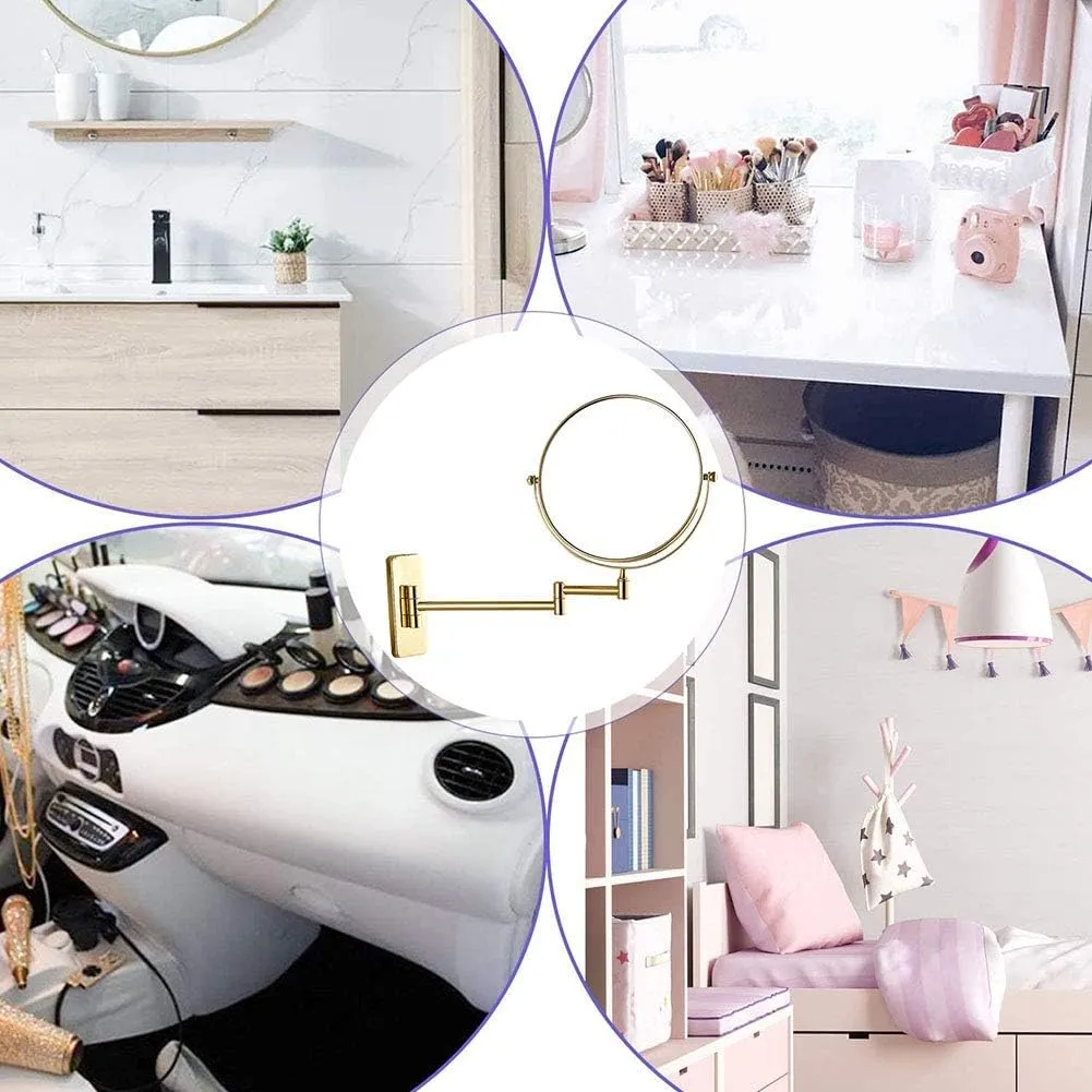 Wall Mounted Makeup Mirror with Magnification, Makeup Mirror for Bathroom, Two-Sided Extendable, 360 Degree Swivel, Extendable Arm, Round, No Light, Gold(8in,7X)