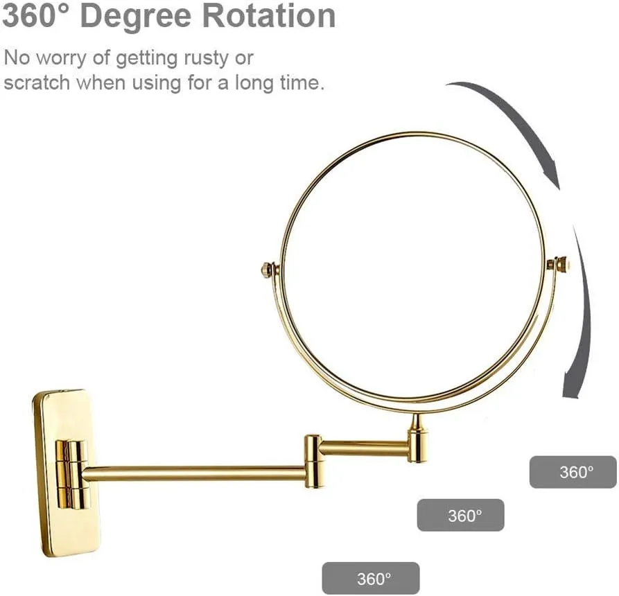 Wall Mounted Makeup Mirror with Magnification, Makeup Mirror for Bathroom, Two-Sided Extendable, 360 Degree Swivel, Extendable Arm, Round, No Light, Gold(8in,7X)