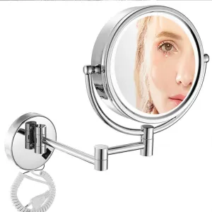 Wall Mounted Makeup Mirror with Magnification, Wall Mount Vanity Mirror with LED Lights, Two-Sided Extendable, 360 Degree Swivel, for Bathroom, Plug Operated. ( Color : Bright Silver , Size : 3X )