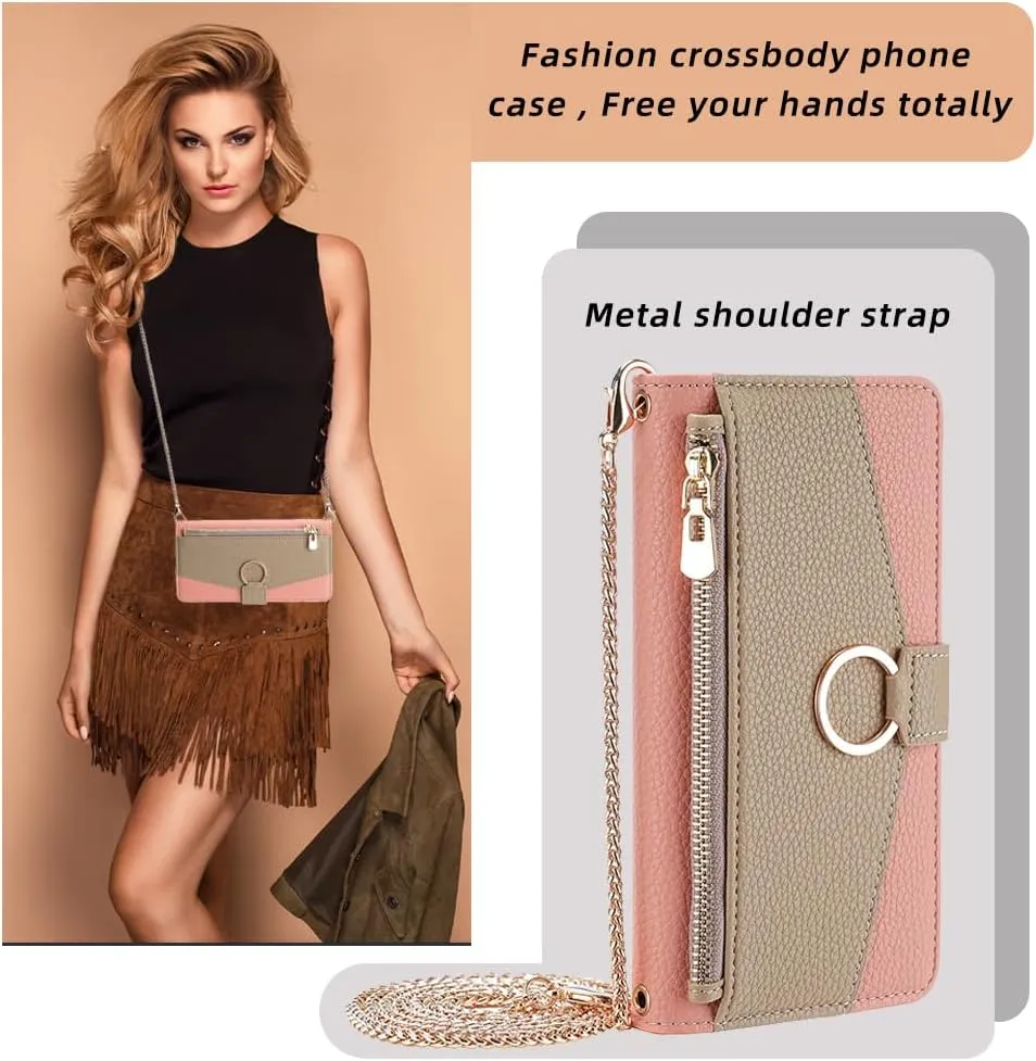 Wallet Case with Crossbody Strap Compatible for Oppo Find X8s, Magnetic Handbag Zipper Pocket Cases PU Leather Flip Cell Phone Holster Cover with Kickstand, Pink