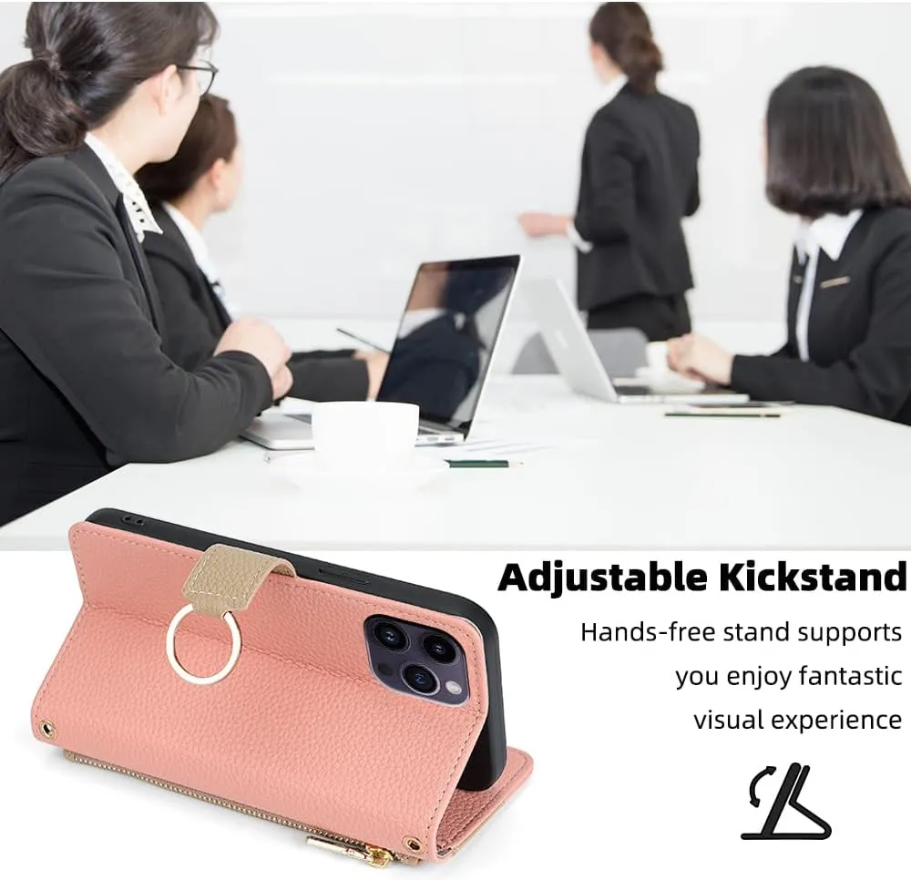 Wallet Case with Crossbody Strap Compatible for Oppo Find X8s, Magnetic Handbag Zipper Pocket Cases PU Leather Flip Cell Phone Holster Cover with Kickstand, Pink