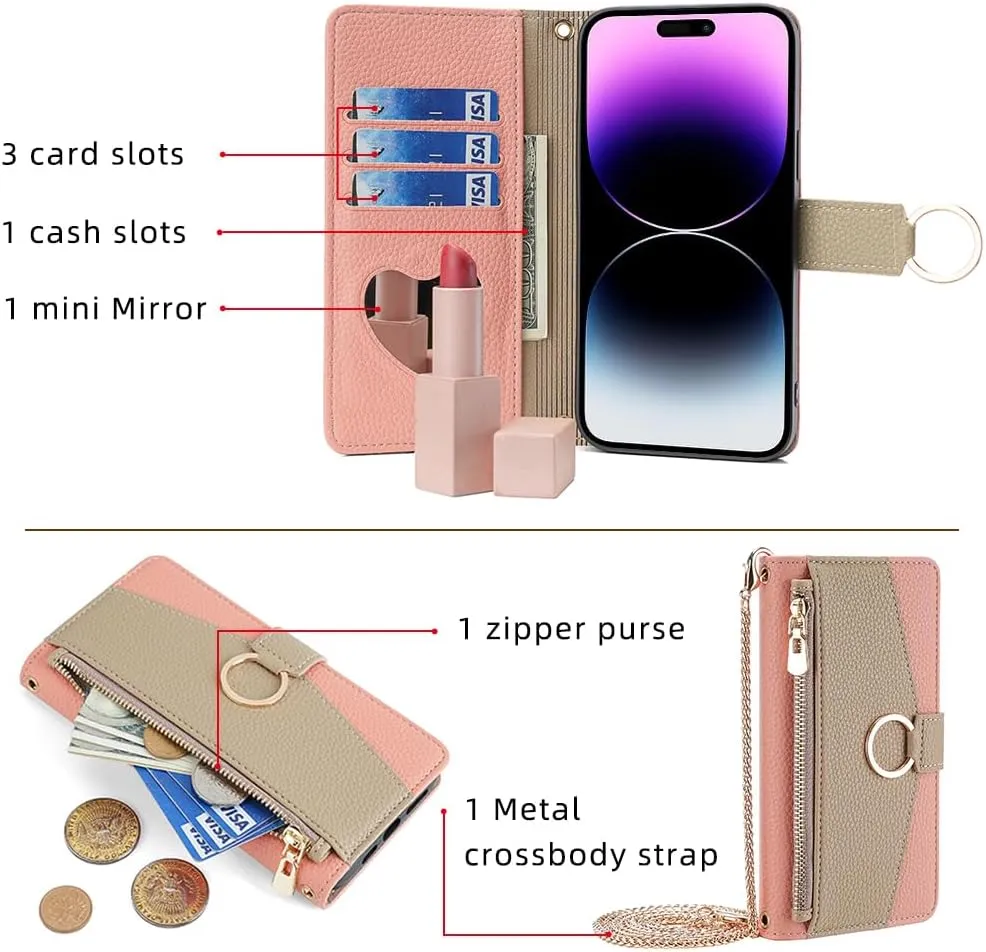 Wallet Case with Crossbody Strap Compatible for Oppo Find X8s, Magnetic Handbag Zipper Pocket Cases PU Leather Flip Cell Phone Holster Cover with Kickstand, Pink