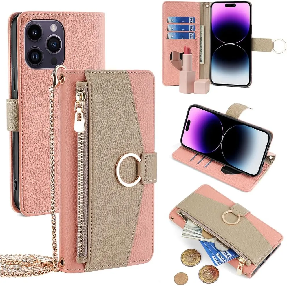 Wallet Case with Crossbody Strap Compatible for Oppo Find X8s, Magnetic Handbag Zipper Pocket Cases PU Leather Flip Cell Phone Holster Cover with Kickstand, Pink