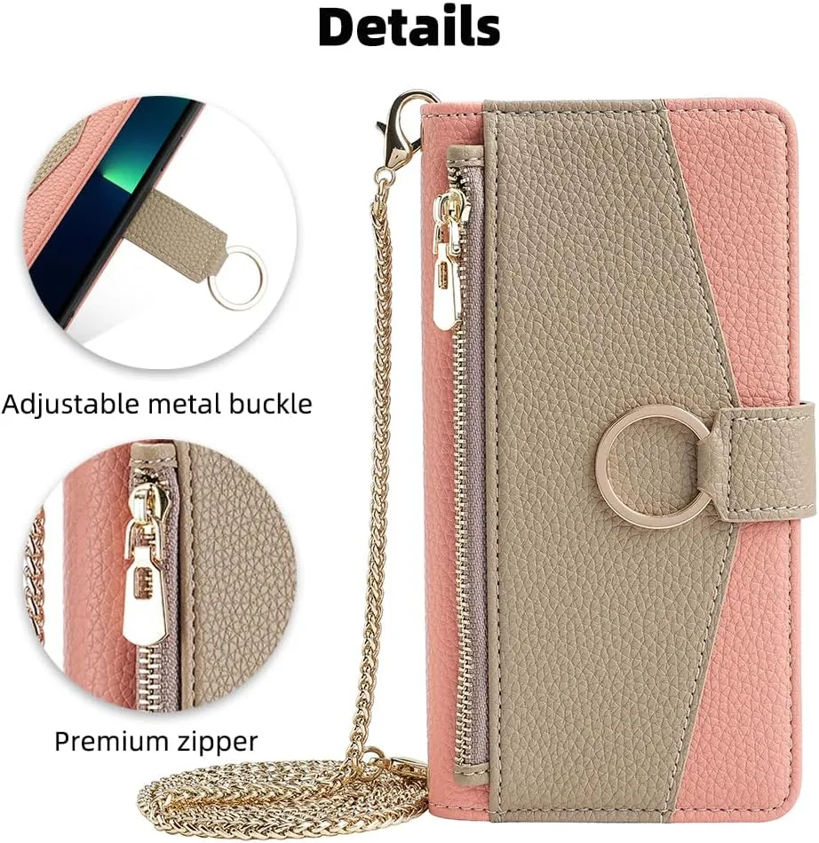 Wallet Case with Crossbody Strap Compatible for Oppo Find X8s, Magnetic Handbag Zipper Pocket Cases PU Leather Flip Cell Phone Holster Cover with Kickstand, Pink