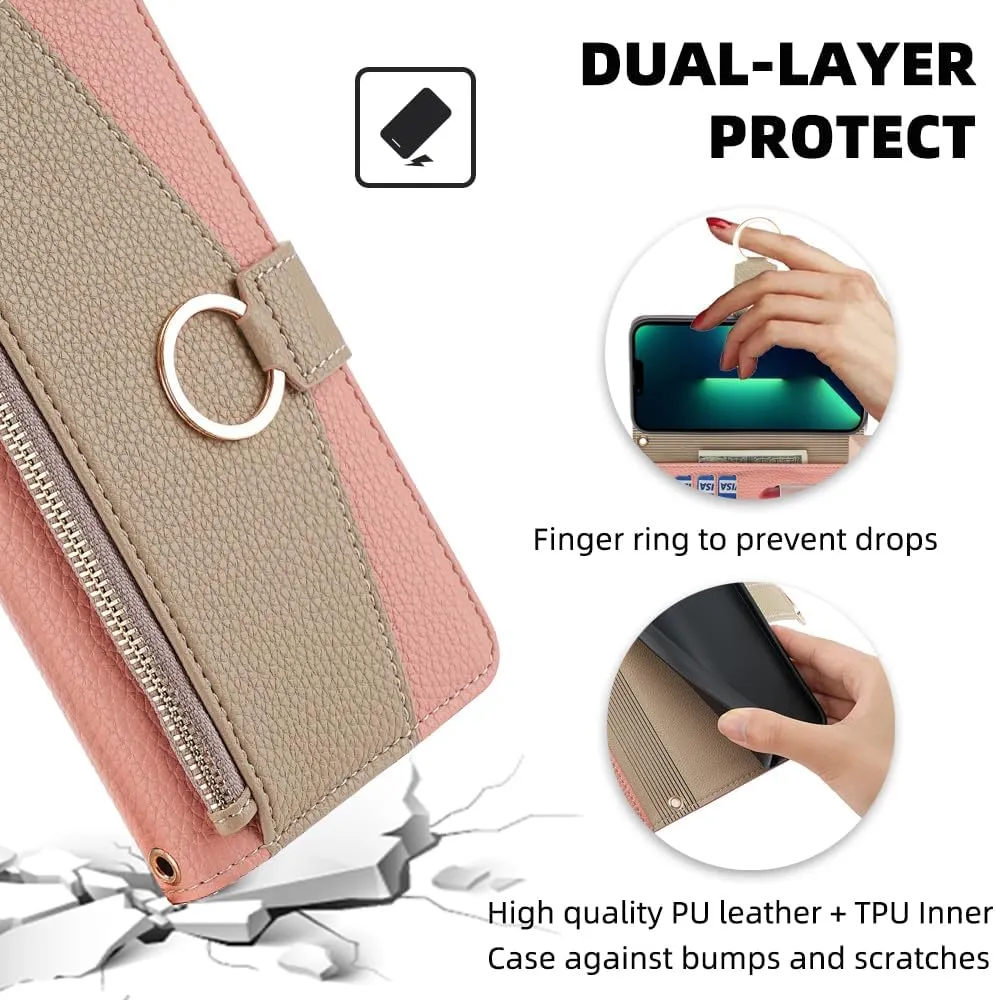 Wallet Case with Crossbody Strap Compatible for Oppo Find X8s, Magnetic Handbag Zipper Pocket Cases PU Leather Flip Cell Phone Holster Cover with Kickstand, Pink