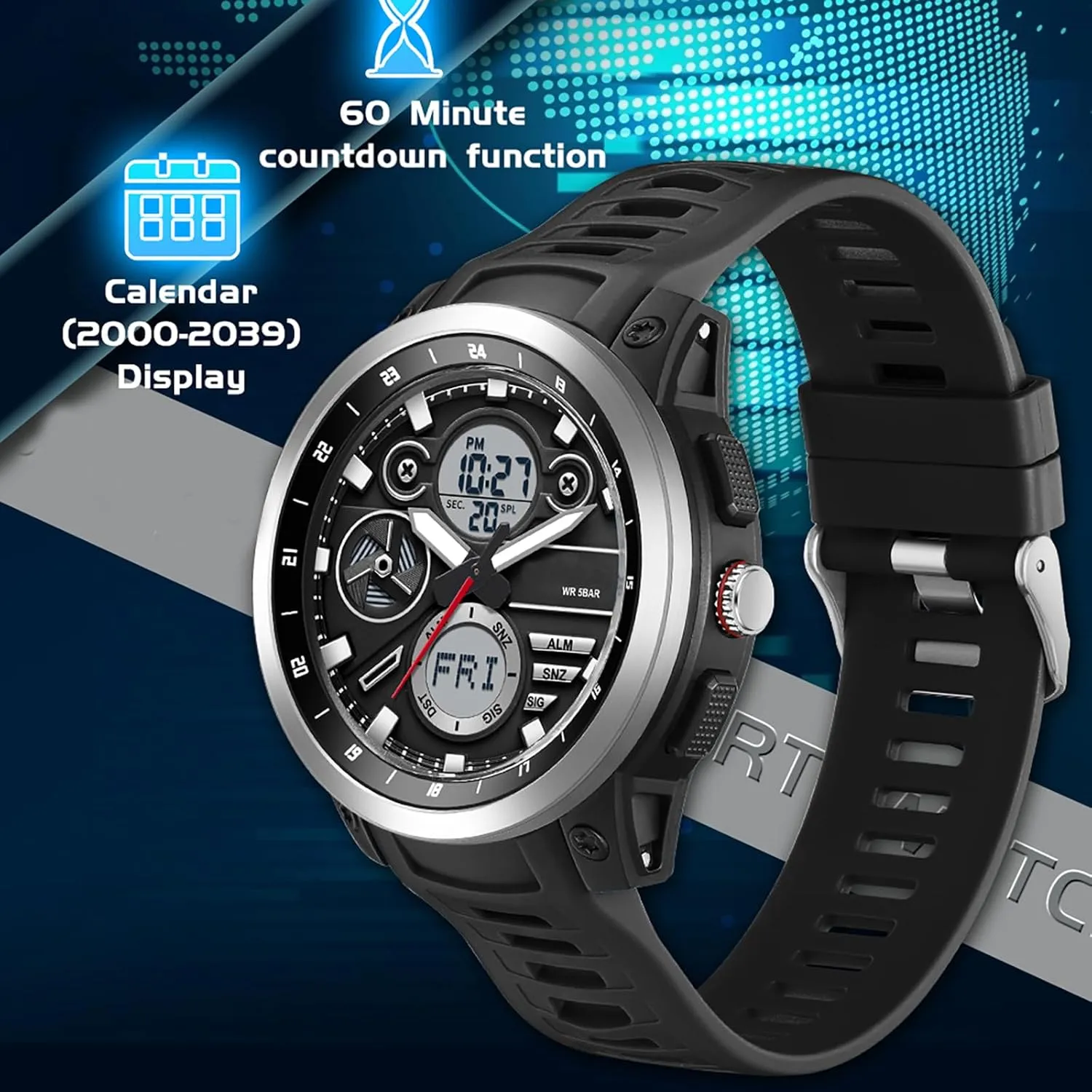 Watch for Men Sport Waterproof Chronograph Mens Watches with Countdown World Time Alarm Stopwatch Digital Analog Quartz Business Work Wristwatch