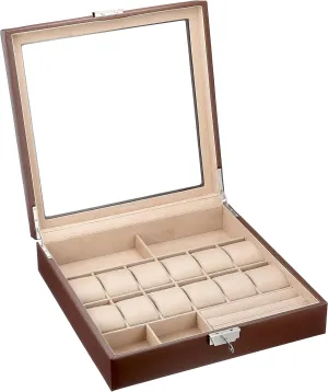 Watch Jewelry Valet Large Single Level Leather XL Compartments Watches Glass Window (Brown)